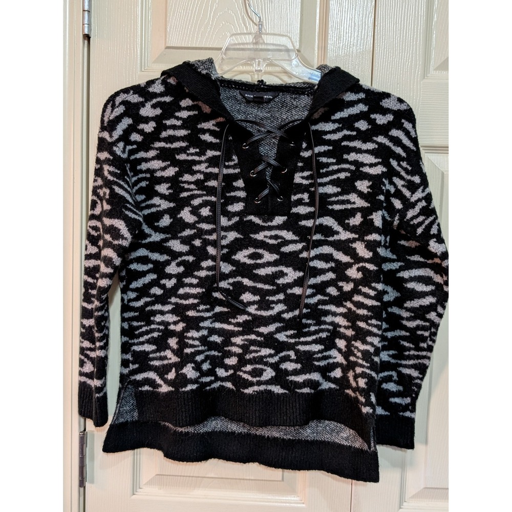Rock & Republic Leopard Print Lace Up Hooded Sweater Black Grey S Y2K Edgy Goth